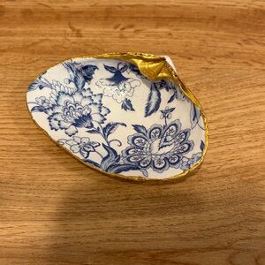 Hand Crafted Blue Floral Ceramic Shell Trinket Dish with Gold Accent